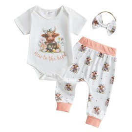 Ysfanwuxi Newborn Western Baby Girl Clothes Highland Cow New To The Herd Romper Pants Set 3Pcs Summer Farm Coming Home Outfit (Ivory, 0-3 Months)
