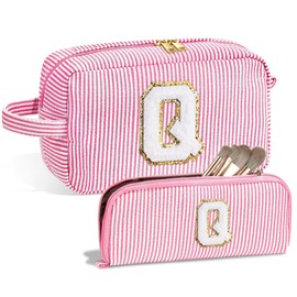 Yintry Makeup Bag Set Organizer Cotton Letter Cosmetic Pouch Large Capacity Travel Toiletry Bag Women Girls Birthday Gifts Portable Brush Storage Bag with Divider and Handle