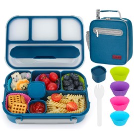 MaMix Bento Lunch Box for Kids, Lunchable Containers for Kids Adults with 4 Compartments + Lunch Bag, with Utensils, Sauce Jar, Muffin Liners (blue set)