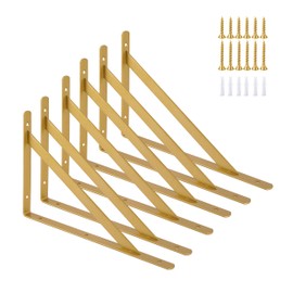 Ouvin Shelf Bracket Heavy Duty 6 Pack Triangle Shelf Brackets (150mm x950mm) Wall Mounted Right Angle Shelf Supports with Screws Gold
