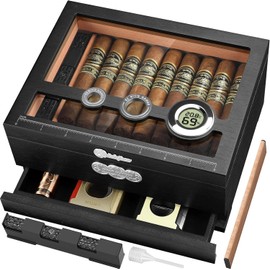 LIHTUN Humidor Cigars Case, Glass Top Desktop Cigar Humidor Gifts for Men with Cigar Accessories Drawer, Digital Hygrometer, Humidifier and Measuring Scale