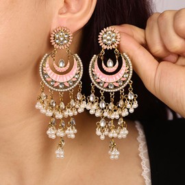 Bohemian Indian Red Blue Rhinestone Dangle Teardrop Tassel Moon Long Earrings for Women Vintage Retro Chandelier Faux Pearls Earrings Beaded Crystal Jhumka Jhumki Tassel Studs Traditional Earrings for Women (Pink)