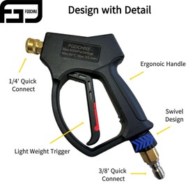 FGDCHNJ Short Pressure Washer Gun with Swivel - 8 GPM Power Washer Gun Compatible with Foam Cannon - Car Wash Foam Gun Handle with 3/8” Male Plug and 1/4” Quick Connector Coupler - 5000 PSI