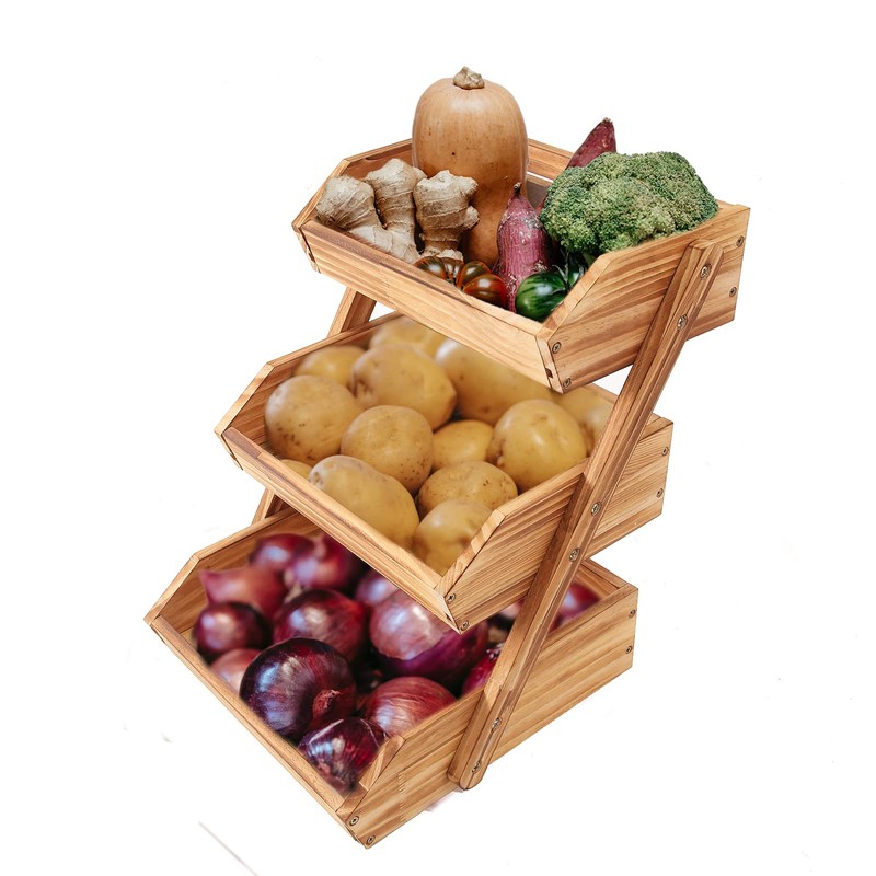Merysen 3 Tier Wooden Fruit Basket For Kitchen, Bread Vegetable