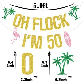 Gold Glitter Oh Flock I'm 50 Banner, Aloha 50/Flamingo Happy 50th Birthday, Hawaiian Tropical Luau Summer Beach Vacation Birthday Party Decorations