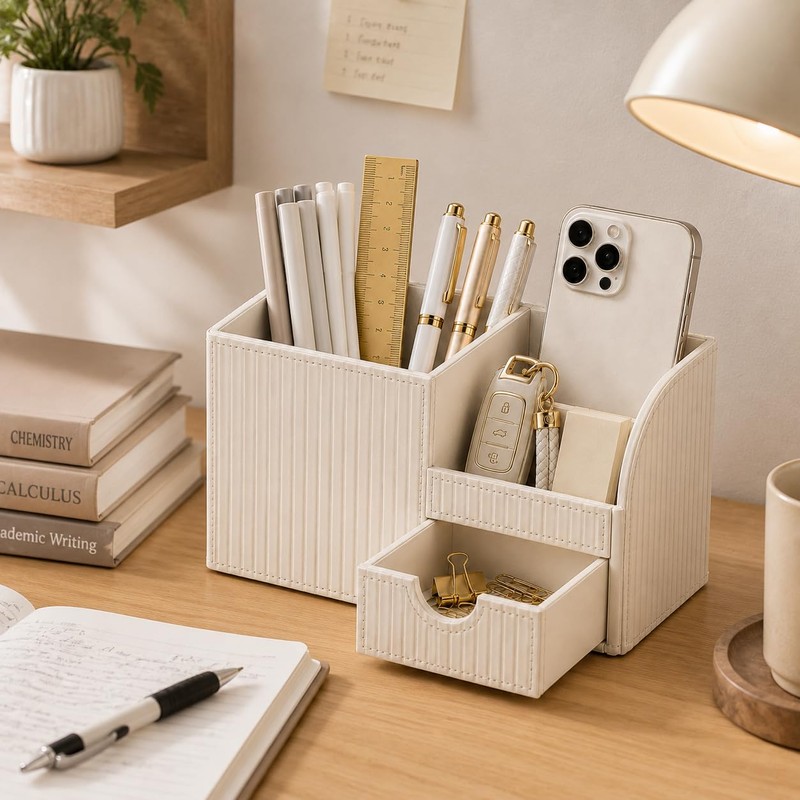 KINGFOM Luxury PU Leather Desk Organizer with Drawer, Modern Aesthetic