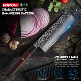 KONOLL Kitchen Knives 7 Inch Nakiri Knife 3 layer 9CR18MOV clad steel hammered with wooden handle for Home and Restaurant