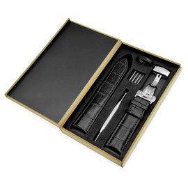 Nice Pies Genuine Calfskin Leather Watch Band,Alligator Grain Deployment Butterfly Buckle Replacement Strap for Men Women 18mm 20mm 22mm 24mm(18mm, A-Black)