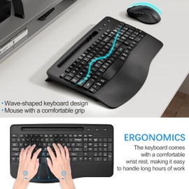 Wireless Keyboard and Mouse Ergonomic Combo, Moojay 2.4G Rechargable Full-Sized Quiet Wave Keyboard Silent Mice Set with Wrist Rest and Phone Holder for Computer, Laptop, PC, Mac, Windows - Black