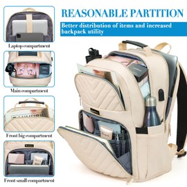 Travel Laptop Backpack for Women, 15.6 Inch Quilted Work Backpack Purse with USB Charging Port, School Backpack for Teens Girls Boys, Large Anti-theft Teacher Student Bookbags, Casual Daypacks, Beige