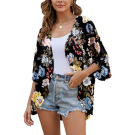 Heynino Womens Sheer Kimono Cover up 3/4 Wide Sleeve Cardigans Shawl Tops M