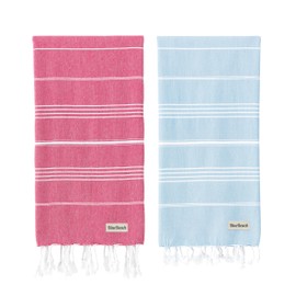 Blue Beach Turkish Towel - Set of 2-100x180cm Large Turkish Hammam Peshtemal Towel - Super Absorbent, Quick Dry, Lightweight, Compact Towels for Swimming, Bath, Gym and Travel (Sky Blue + Fucshia)