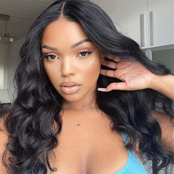 SOKU Loose Wave Lace Front Wigs Synthetic with Baby Hair, 18 Inches, Dark Brown, Medium Length, Natural Wavy Hair, Heat Resistant Curly Lace Wigs for Black Women, Daily Wear