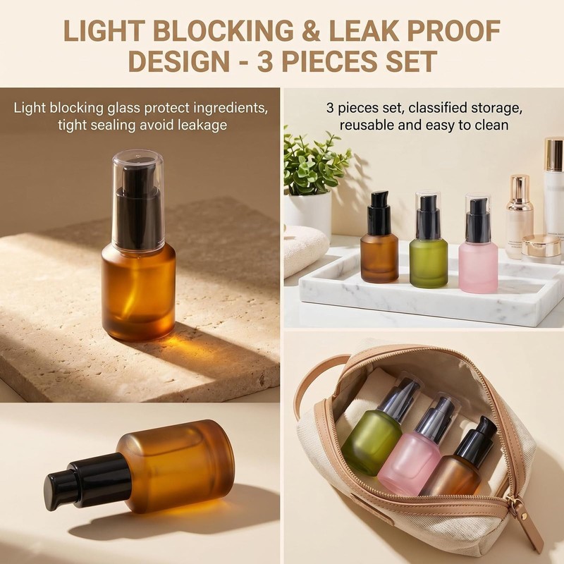 3Pcs 0.5oz/15ml Glass Lotion Pump Bottles Travel Size