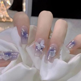 24 Pcs Square False Nails, Butterfly Dance Among Flowers, Full Cover Press on Nails, Removable Glue on Nails Acrylic Fake Nails with Glue Stickers, Women Girls Nail Art Accessories