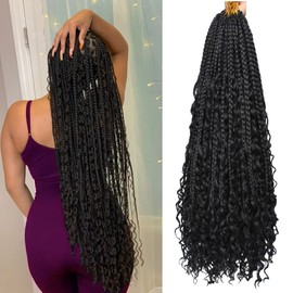 COOKOO 30 Inch Bohemian Box Braids Crochet Hair 8 Packs Hippie Goddess Box Braids Crochet Hair With Curly Ends Pre-looped Braiding Hair for Black Women 1B#