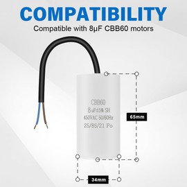 OFFCUP Motor Capacitor CBB60 Starting Capacitor 8μF 450V Capacitor 8μF 450V CBB60 Capacitors with Wire Cable for Electric Motors and Swimming Pool Pumps Electric Motor, 50/60Hz