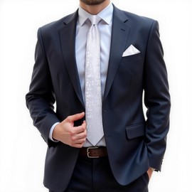 DiBanGu Mens Tie Set Silk Solid Paisley Necktie and Pocket Square Cufflinks Classic Formal Ties for Men Wedding Party, White