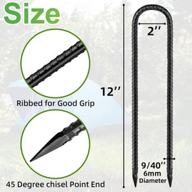 Rebar Stakes 12inch U Shaped,Trampoline Stakes High,6 Pack Feed Garden Ground Stakes Galvanized Steel Tent Stakes Heavy Duty Ground Anchors for Position Kits,Soccer Goals,Tarps and Yard Art