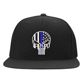 Thin Blue Line Skull USA Flag FlexFit Hat (L-XL Flat Brim, Black)