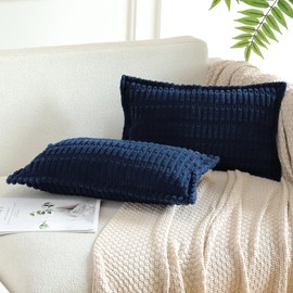 Artscope Dark Blue Cushion Covers Set of 2 Corduroy Decorative Square Striped Pillowcase with Stitched Edge Pillow Covers 30x50cm for Home Decor Sofa Bedroom Car