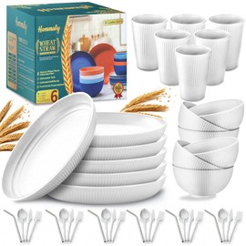 Wheat Straw Dinnerware Sets,42-Piece Plates and Bowls Sets for 6-Unbreakable,Reusable Plastic Dish Set-Dinner Plate/Cereal Bowl/Cup/Utensils-Microwavable Dishwasher Safe 42P-Light Gray