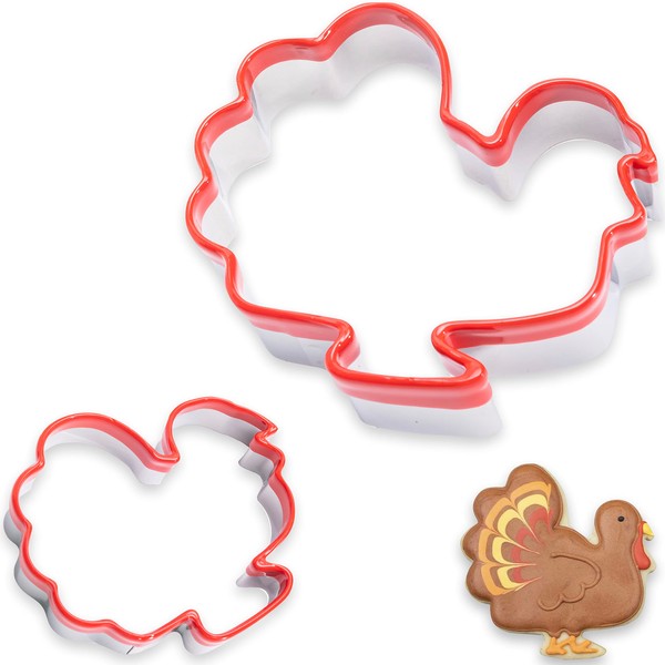 COOKIEQUE 2Pcs Turkey Cookie Cutters 4.5" 3.5", Food-Grade Stainless Steel Fall Thanksgiving Cookie Cutter Set, Biscuit Cutter Set, Holiday Cookie Cutters, Unique Design with Protective Red Top PVC