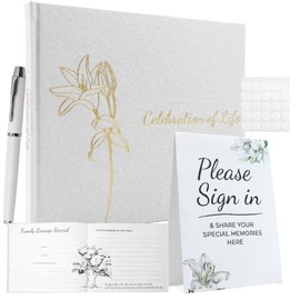 Funeral Guest Book Set Memorial Sign in Memory Book with Pen, Table Sign & Photo, Thoughtful Remembrance Keepsake for Funerals, Memorial Services, and Celebration of Life Events, Linen Cover, Beige