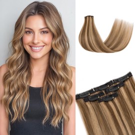 tesshair Clip in Hair Extensions Real Human Hair Remy Single Clip Double Weft 6 Pcs Seamless Highlight Straight Human Hair Clip in Extensions for Women #4P27 Medium Brown & Dark Blonde - 20 Inch