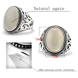 Anillos de plata de ley 925 maciza para hombre, piedra de ónix blanca para hombre, joyería alta, estilo turco, 12, Metal, Ágata