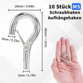 Screw Hooks, Pack of 10, M5 Screw Hooks, Stainless Steel Hook Screws, Screw-In Hooks, Ceiling Hooks, Wall Hooks with Spring Buckle, Eye Hooks for Plant Baskets, Bird Feeders, Wind Chimes, Fairy Lights