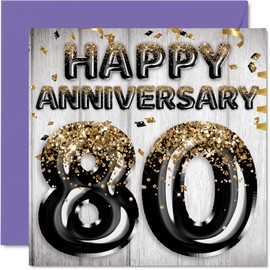Awesome Oak Anniversary Card for Husband Boyfriend Wife Girlfriend - Black Gold Glitter Balloons - Happy 80th Anniversary Cards from Family, 5.7 x 5.7 Inch Greeting Cards for Eightieth Anniversaries