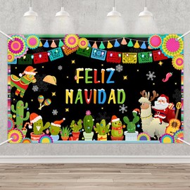 MEHOFOND Feliz Navidad Backdrop Banner, Mexican Merry Christmas Party Supplies, Santa Cactus Snowflake Christmas Party Decorations, Winter Xmas Fiesta Family Holiday Party Photo Props 70.8x43.3 Inch