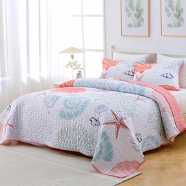 Heymybed Coastal Quilt Set King Size Beach Coverlet Pink Starfish Coral Seashell Bedspread Ocean Beach Themed Bed Cover Microfiber Soft Lightweight Bedding Sets for All Seasons (106"×92")
