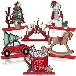CroBlissful 6 Pcs Christmas Table Decorations Winter Table Centerpiece Red and Green Snowman Wooden Table Top Signs Christmas Tiered Tray Decor for Home Table Decor Xmas Winter Holiday Party Supplies