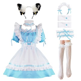 LISANEK Maid Outfit Anime Cosplay Lolita Dress French Maid Costume Plush cat ear Socks set (M, Blue)