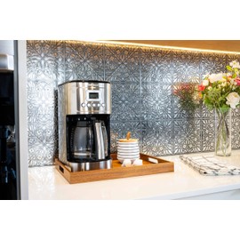 Main Street 24-Pack of 8 x 8" Wallpaper Tiles Peel and Sitck in Brushed Nickel and Silver Leaves Design for Kitchen Backsplash, Renter Friendly, Paper Wall Tiles for Your Home and DIY Projects