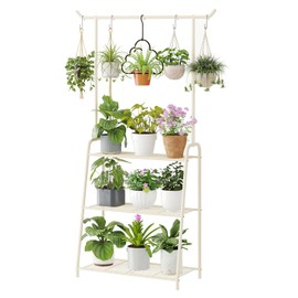 Wieghda Metal Plant Stand Indoor Outdoor, 3 Tier Tall Corner Plant Shelf, Hanging Flower Ladder for Living Room, Balcony, Garden, Patio (White)