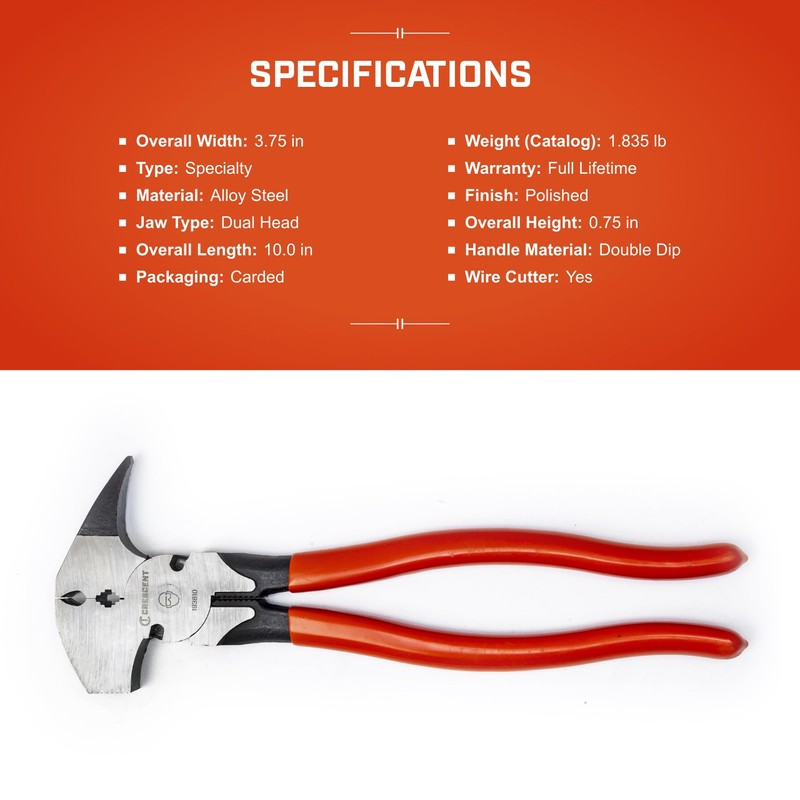 Crescent 10" Dipped Handle Heavy-Duty Solid Joint Fence Tool Pliers