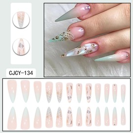 Press on Nails Pointed Almond Shaped Glossy Full Cover Acrylic Almond Medium Length False Nails with Gradient Designs Artificial Fake Nails Glue ons Almond Nails Stick on Fingernails for Women Girls