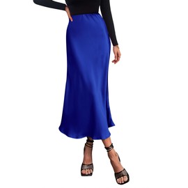 PRETTYGARDEN - Falda midi de satén para mujer, estilo casual, de cintura alta, con vuelos, de verano, Azul Real, S