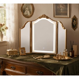 Antique Gold Triple Fold Makeup Mirror, 31x23 Inch Baroque Vintage Vanity Mirror, Tri-Color Dimmable LED Touch Lighted Mirror, Foldable Bohemian Decor for Bedroom Dressing Room