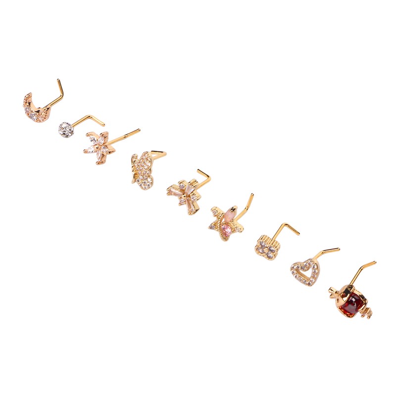 9pcs Nose Studs Set Golden Stainless Steel L Shape Shiny
