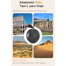 Adaptador Italia con USB C，Italiano Adaptador Universal de Viaje con 4 Enchufes y 3 USB, Regleta Multicontacto con Extensión Eléctrica Retráctil de 1M