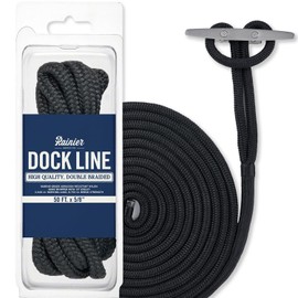 RainierSupplyCo Dock Lines - Boat Rope for Docking with Loop - 50 ft x 5/8 Inch Premium Double Braided Nylon Marine Rope - Mooring Line with 18" Eyelet - Boat Accessories - Black