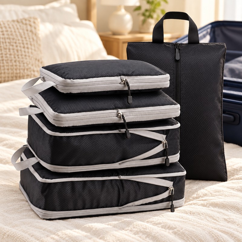 Compression Packing Cubes Set for Travel – Foldable Nylon Zipper