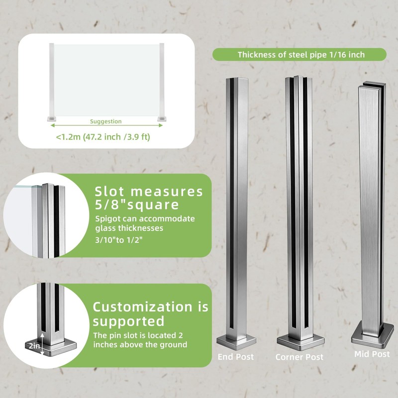 VoTwoofv Glass Railing Corner Post 35.8",304 Stainless Steel Glass Balustrade