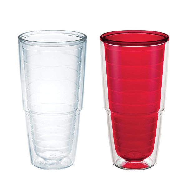 Tervis Made in USA Double Walled Clear & Colorful Tabletop Insulated Tumbler Cup Keeps Drinks Cold & Hot, 24oz - 2pk, Clear and Red