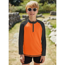 BesserBay Boys' Long-Sleeved Stand-Up Collar UV Shirt 1/4 Zip Rash Guard UPF 50+ Children 110-150, Black & Orange, 110