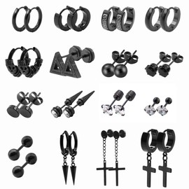 16 Pairs Earrings for Men, Black Stainless Steel Earrings Sets, Mens Earrings Stud Cross Hoop Dangle, Fashion Piercing Earrings Jewelry for Party Birthday (16 Pairs)